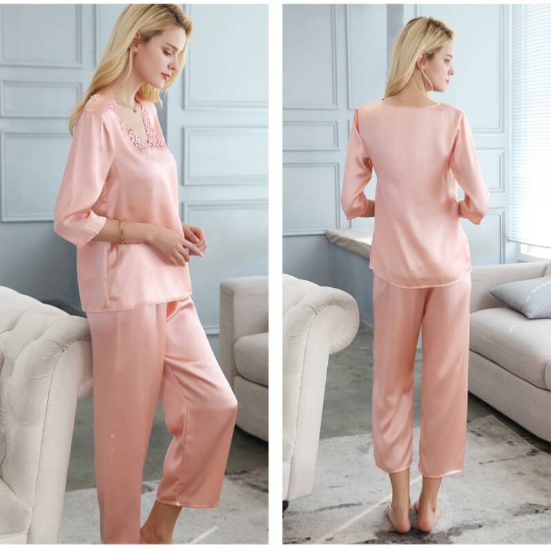 3/4 Sleeves Lace Mulberry Silk Pajama Set for Women