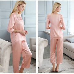 3/4 Sleeves Lace Mulberry Silk Pajama Set for Women