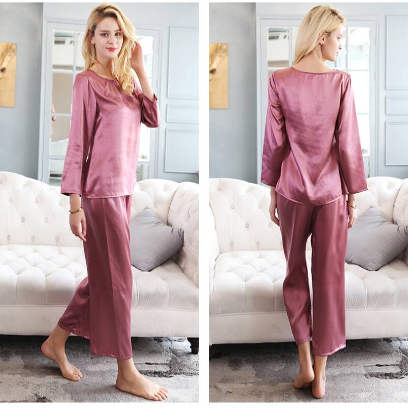 Long Sleeves Simple Lace Silk Pajama Set for Women