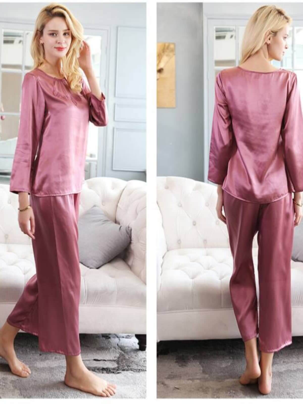 Simple Lace Silk Pajama Set for Women Long Sleeves