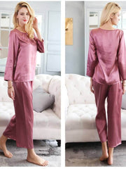 Simple Lace Silk Pajama Set for Women Long Sleeves