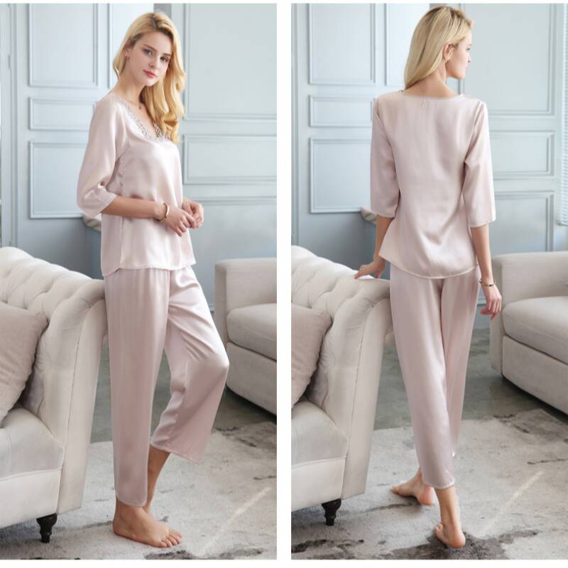 3/4 Sleeves Lace Mulberry Silk Pajama Set for Women