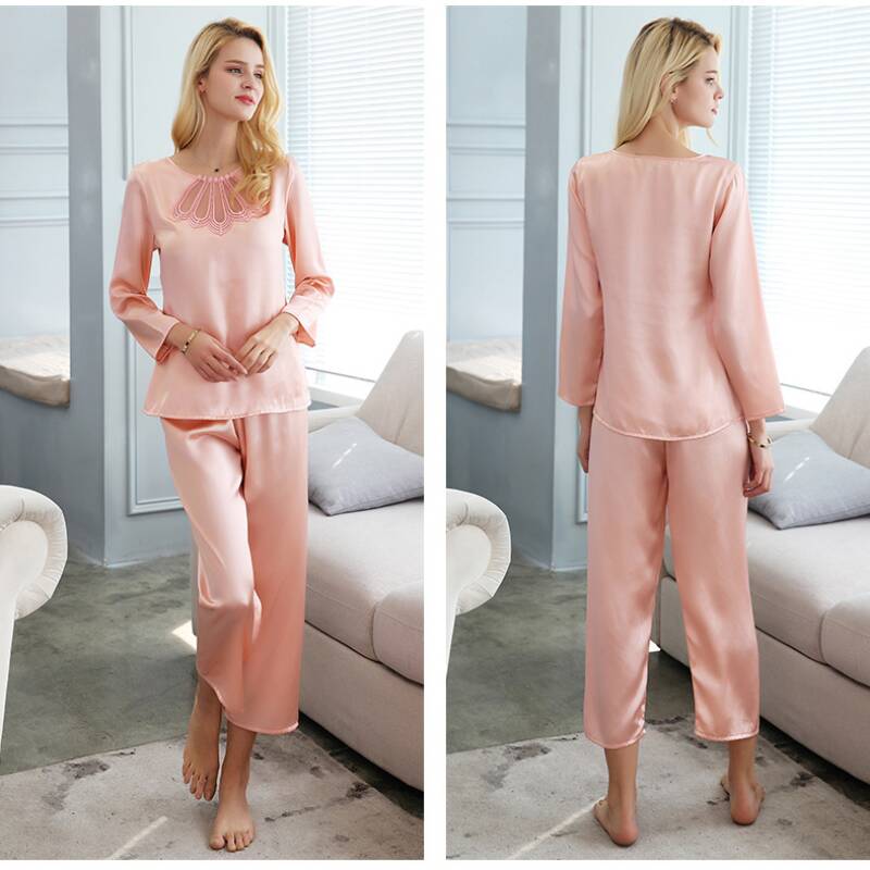 Long Sleeves Simple Lace Silk Pajama Set for Women