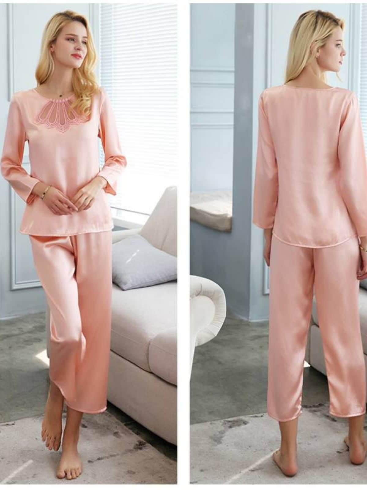 Simple Lace Silk Pajama Set for Women Long Sleeves