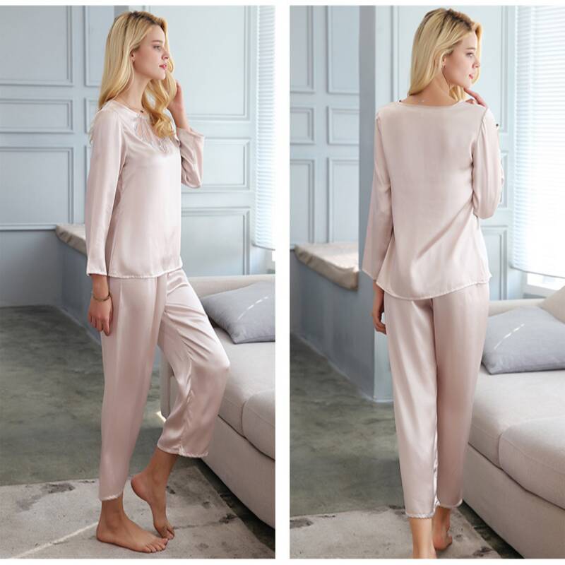 Long Sleeves Simple Lace Silk Pajama Set for Women