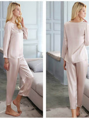 Simple Lace Silk Pajama Set for Women Long Sleeves