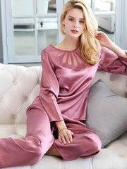 Simple Lace Silk Pajama Set for Women Long Sleeves